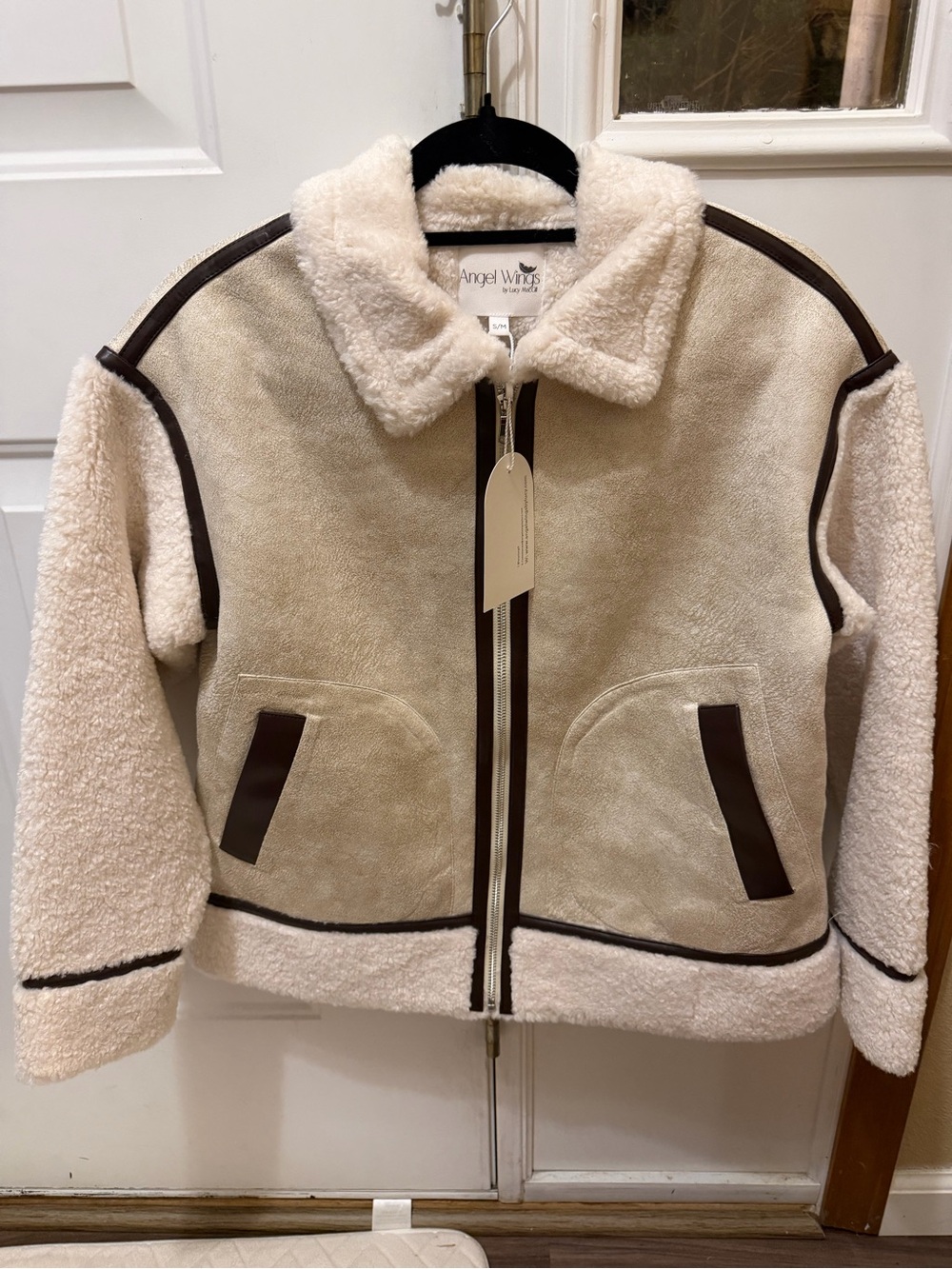 NWT S/M Angel Wings by Lucy Cream Shearling Jacket with Brown Trim